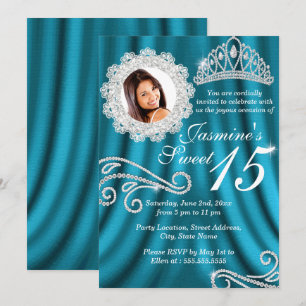 Convites Tiaro de Diamante Prata Turquesa Foto Quinceanera