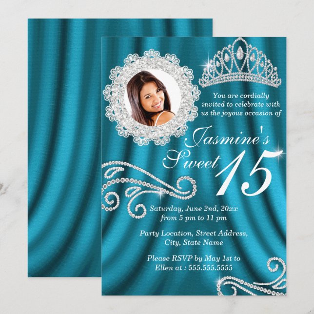 Convites Tiaro de Diamante Prata Turquesa Foto Quinceanera (Frente/Verso)