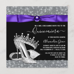 Convites Tiaro de Diamante Preto Roxo Sapato Quinceanera