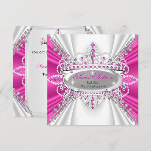 Convites Tiaro de Diamantes Rosa Quente para Princesa de An (Frente/Verso)