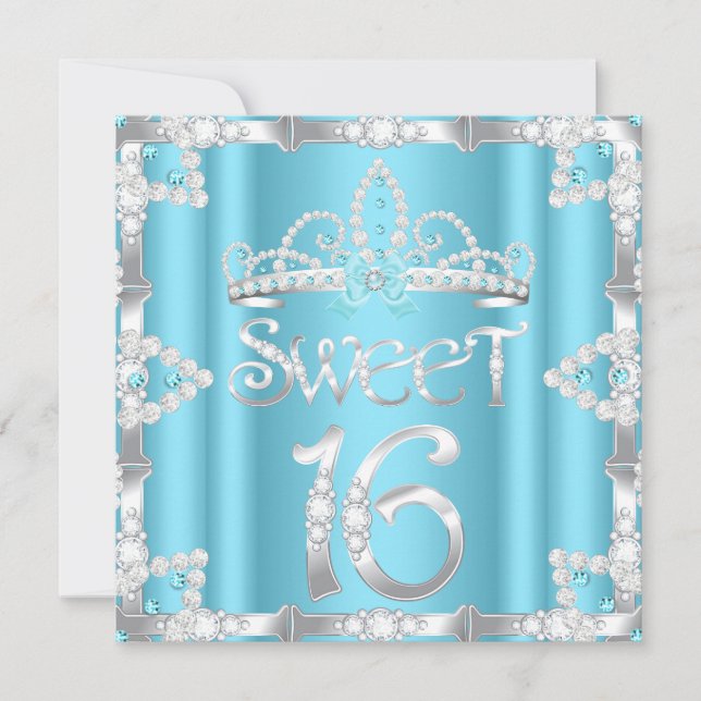 Convites Tiaro de festa Sweet 16 Azul Teal Diamante Falso (Frente)