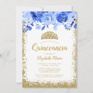 Convites Tiaro de Glitter Dourado Falso Floral Azul Quincea