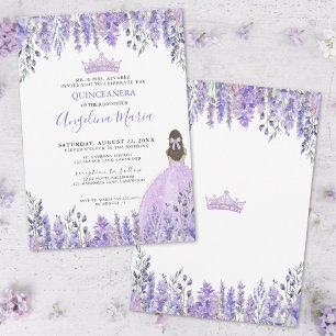 Convites Tiaro de Glitter Lilás Floral Quinceañera