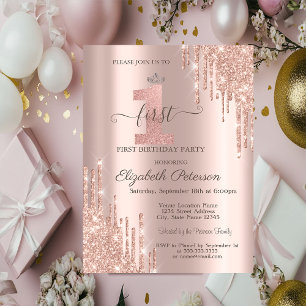 Convites Tiaro de Glitter Rosa Dourado Prata para 1º Aniver