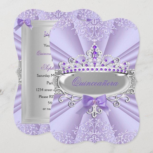 Convites Tiaro de Lavanda Roxa Damasco Festa Quinceanera (Frente/Verso)