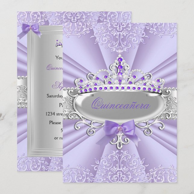 Convites Tiaro de Lavanda Roxa Damasko Festa Quinceanera (Frente/Verso)