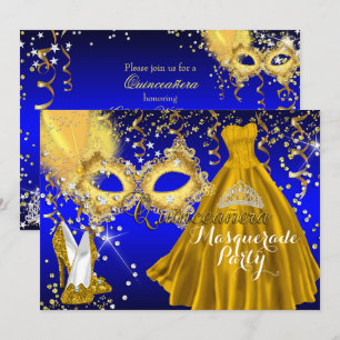 Convites Tiaro de Máscara Mascarada Quinceanera Dourado Azu