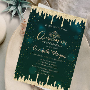 Convites Tiaro de Ouro Chic, Brilhos Verdes Quinceañera 