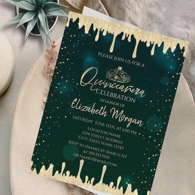 Convites Tiaro de Ouro Chic, Brilhos Verdes Quinceañera  (Criador carregado)