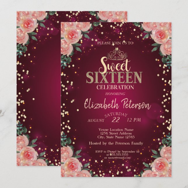 Convites Tiaro de Ouro Chic, Diamantes Floral Borgonha Swee (Frente/Verso)