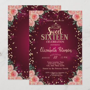 Convites Tiaro de Ouro Chic, Diamantes Floral Borgonha Swee