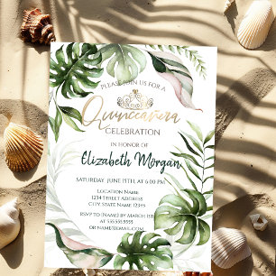 Convites Tiaro de Ouro Chic Folhas Tropicais Quinceañera