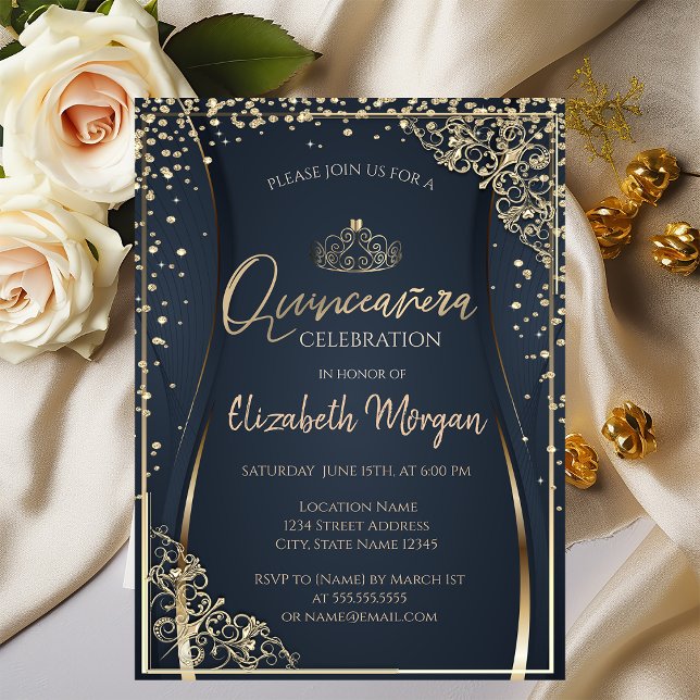 Convites Tiaro de ouro chique, Quinceañera de diamantes (Criador carregado)