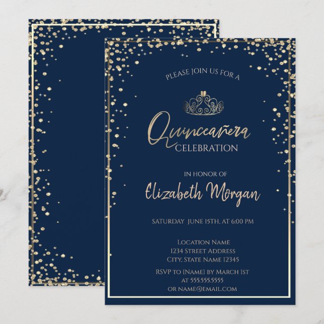Convites Tiaro de ouro chique,Quinceañera de diamantes (Frente/Verso)