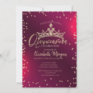 Convites Tiaro de ouro chique,Quinceañera vermelha com diam