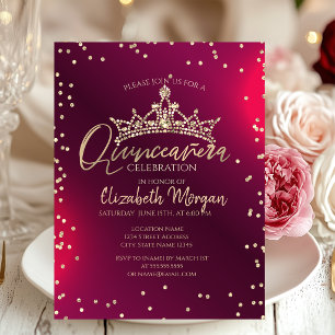 Convites Tiaro de ouro chique,Quinceañera vermelha com diam