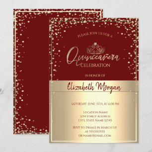 Convites Tiaro de ouro chique,Quinceañera vermelha com diam