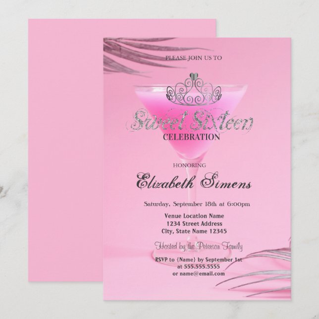 Convites Tiaro de Ouro Cocktail Rosa Doce 16 (Frente/Verso)