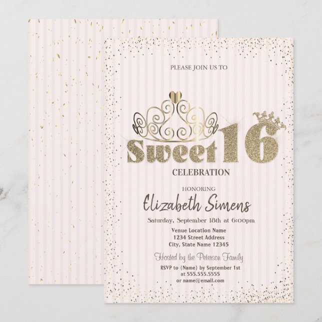 Convites Tiaro de Ouro Confete Princesa Listrado Doce 16 (Frente/Verso)