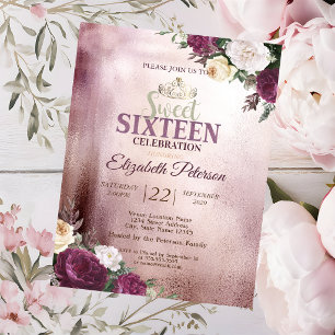 Convites Tiaro de Ouro,Festa Sweet 16 Vermelho Burgundy Con
