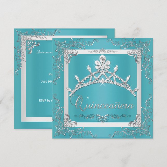 Convites Tiaro de Prata Turquesa Quinceanera 15º Aniversári (Frente/Verso)