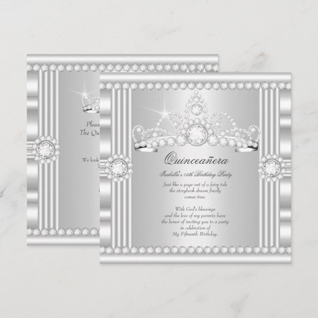 Convites Tiaro de Princesa Quinceanera Prata Cetim Branco (Frente/Verso)