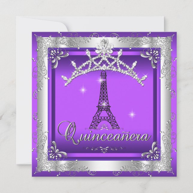 Convites Tiaro de Quinze Anos Roxo Prata Torre Eiffel (Frente)