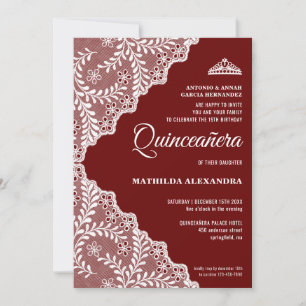 Convites Tiaro de Renda Branco Borgonha Quinceanera XV