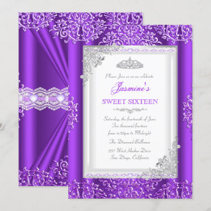 Convites Tiaro de Renda Damasko Roxo Prata Sweet 16