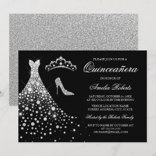 Convites Tiaro de vestido de diamante preto prateado Quince