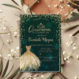 Convites Tiaro de vestido dourado chique, Diamantes Quincea