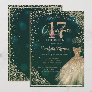Convites Tiaro de vestido dourado, Diamantes Quinceañera fl