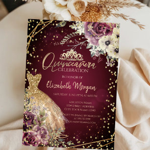 Convites Tiaro de vestido dourado, Quinceañera floral burgu