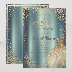 Convites Tiaro de vestido dourado, Quinceañera metálica de