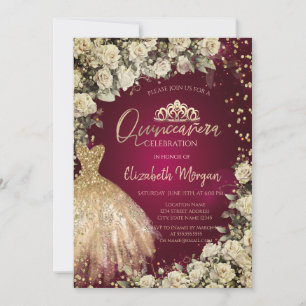 Convites Tiaro de vestido dourado, Rosas Quinceañera Burgun