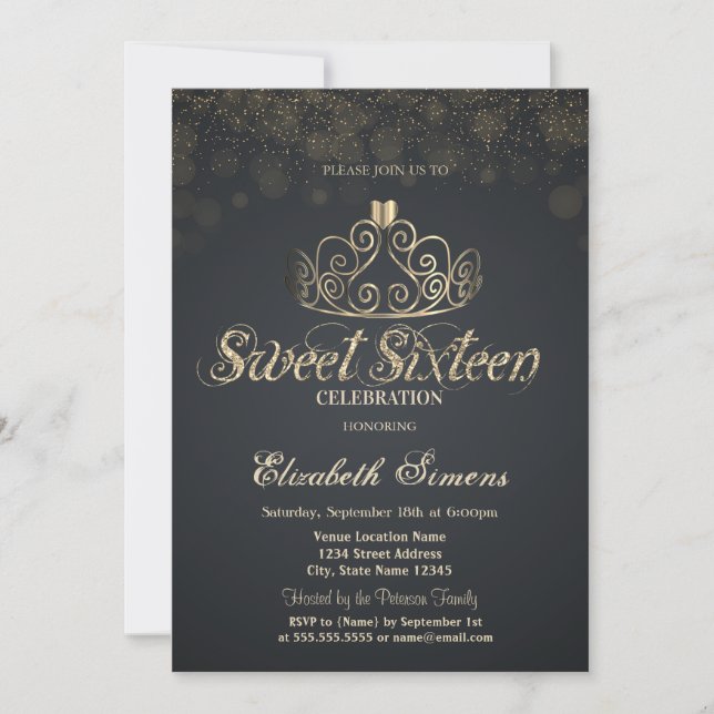 Convites Tiaro Dourado Confete Princesa Cinza Doce 16 (Frente)