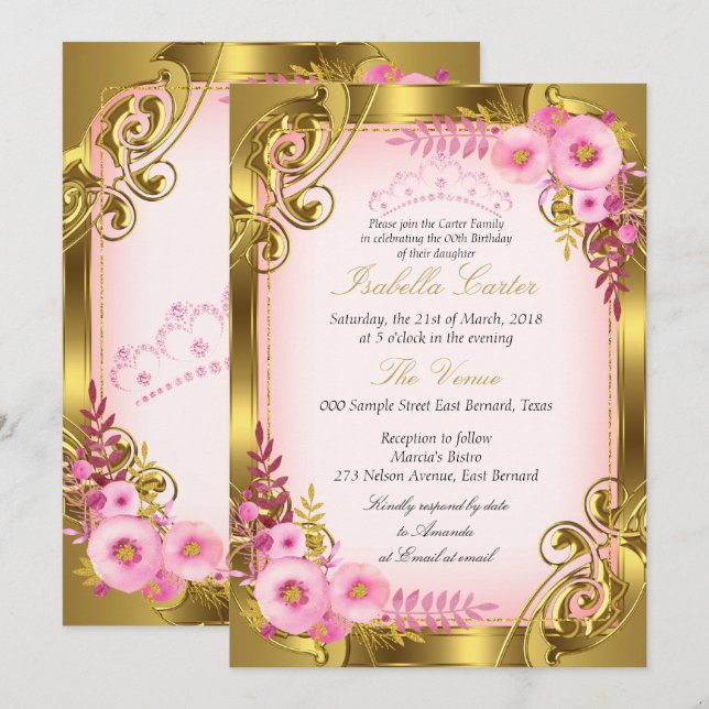Convites Tiaro Dourado de Floral Rosa Festa de Aniversário (Frente/Verso)