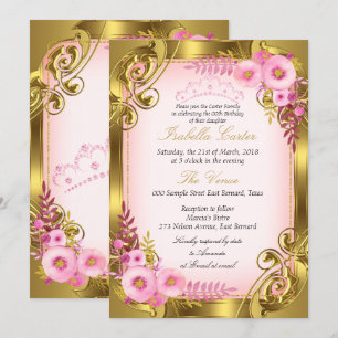 Convites Tiaro Dourado de Floral Rosa Festa de Aniversário