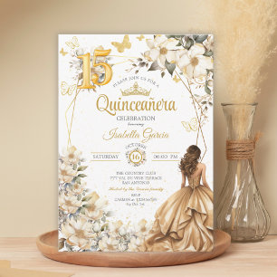 Convites Tiaro Dourado Floral Bege Borboletas Quinceañera
