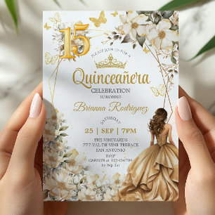 Convites Tiaro Dourado Floral Bege Quinceañera