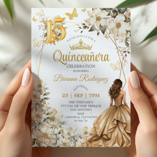 Convites Tiaro Dourado Floral Bege Quinceañera  (Criador carregado)