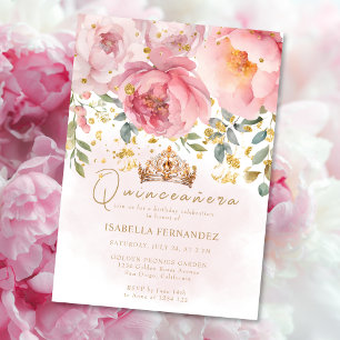 Convites Tiaro Dourado Rosa Elegante Floral Quinceañera 