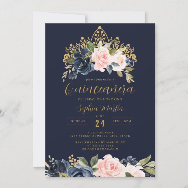 Convites Tiaro Floral Azul Marinho Dourado Quinceanera (Frente)