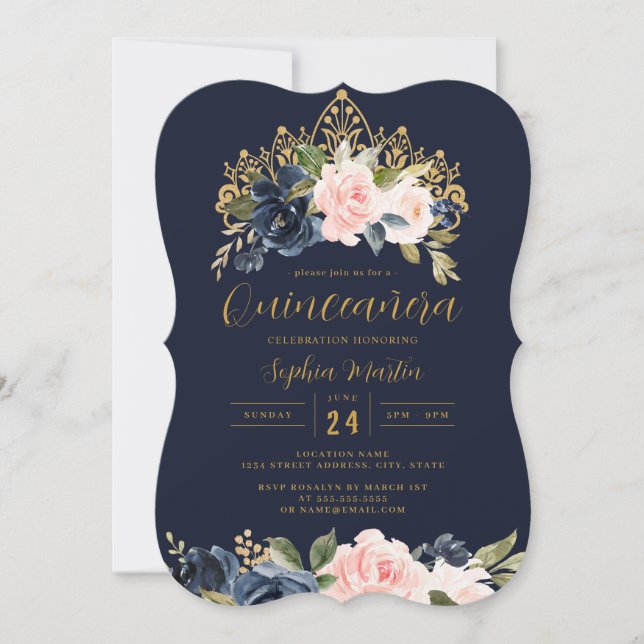 Convites Tiaro Floral Azul Marinho Quinceanera (Frente)