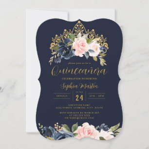 Convites Tiaro Floral Azul Marinho Quinceanera