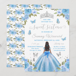 Convites Tiaro Floral Azul Princesa Negra Sweet Sixteen