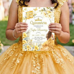 Convites Tiaro Floral Borboleta Amarela Dourada Quinceañera