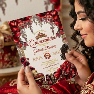 Convites Tiaro Floral Dourado Vermelho Quinceañera