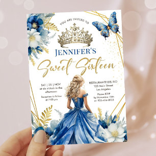 Convites Tiaro Floral Princesa Azul Real Dourado Sweet 16