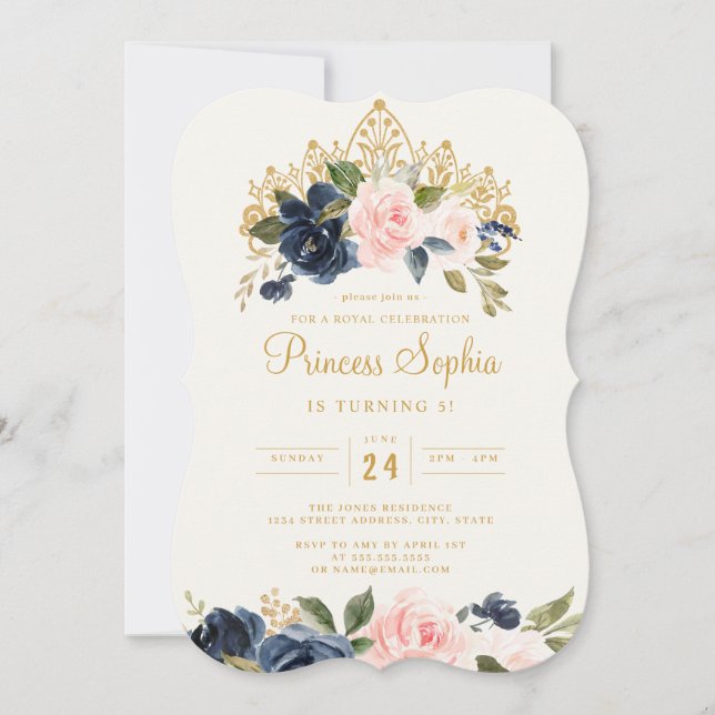 Convites Tiaro Floral Princesa Bege Marinho Aniversário (Frente)